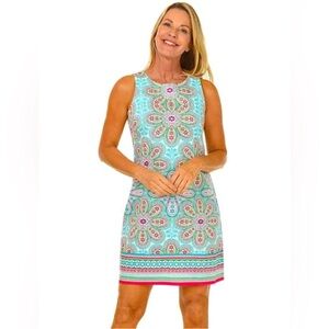 LONDON TIMES Floral Summer Shift Dress Sz 14 Blue Pink Teal Orange summer comfy